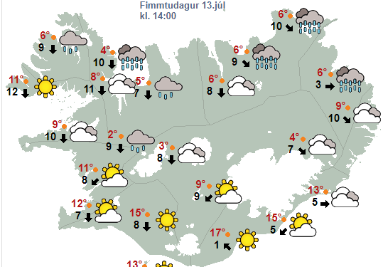 Hiti 5 til 10 stig en 10 til 18 sunnan heiða