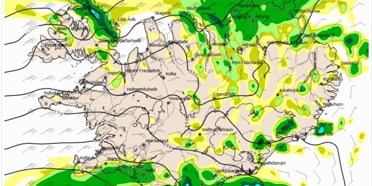 Lægð suður af Reykjanesi –  Gul viðvörun  vegna veðurs