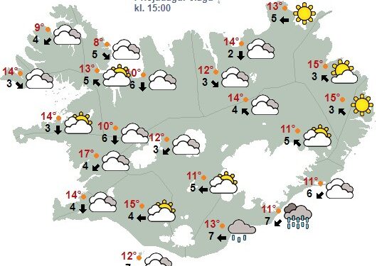 Hiti 8 til 17 stig, svalast í þokulofti við norður- og austurströndina