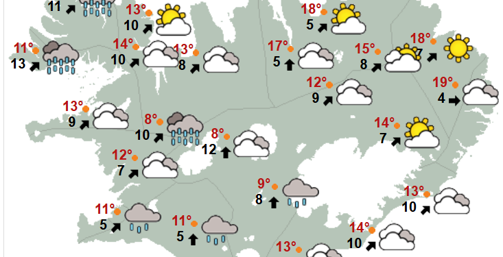 Hiti 10 til 20 stig, hlýjast norðaustanlands – suðlæg átt 5-10 m/s og skúrir