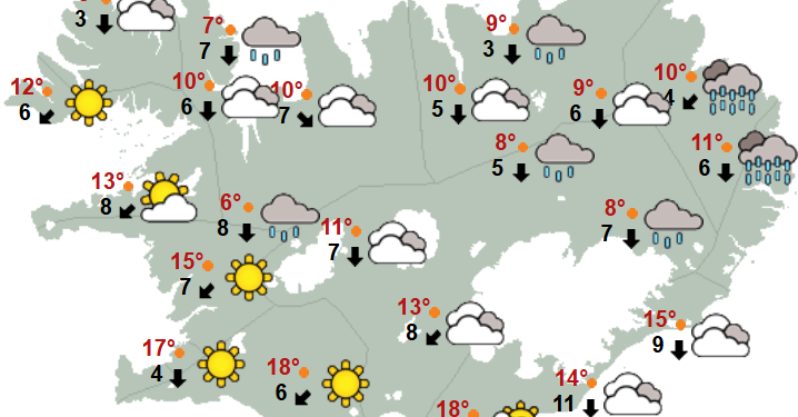 Sól og blíða fyrir sunnan – Skýfall og skýjað fyrir austan